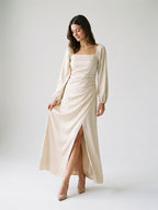 Champagne Matte Satin Sheath Square Neck Back Zip Ankle-Length Formal Dress with Pleating - Curvevia