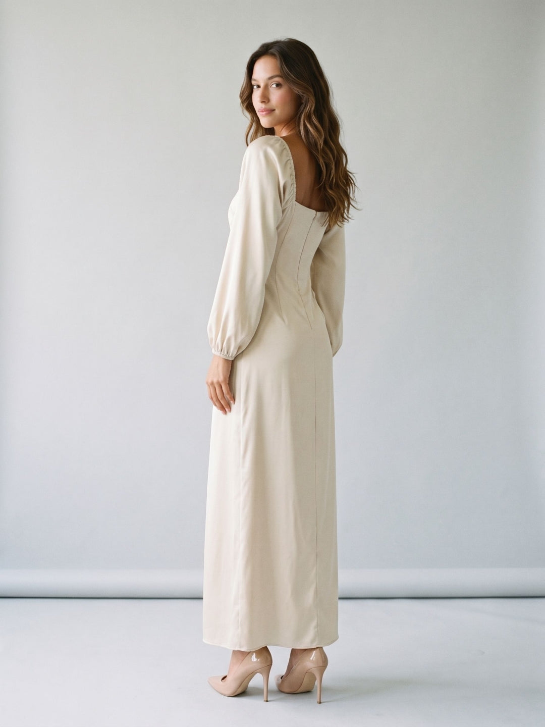 Champagne Matte Satin Sheath Square Neck Back Zip Ankle-Length Formal Dress with Pleating - Curvevia