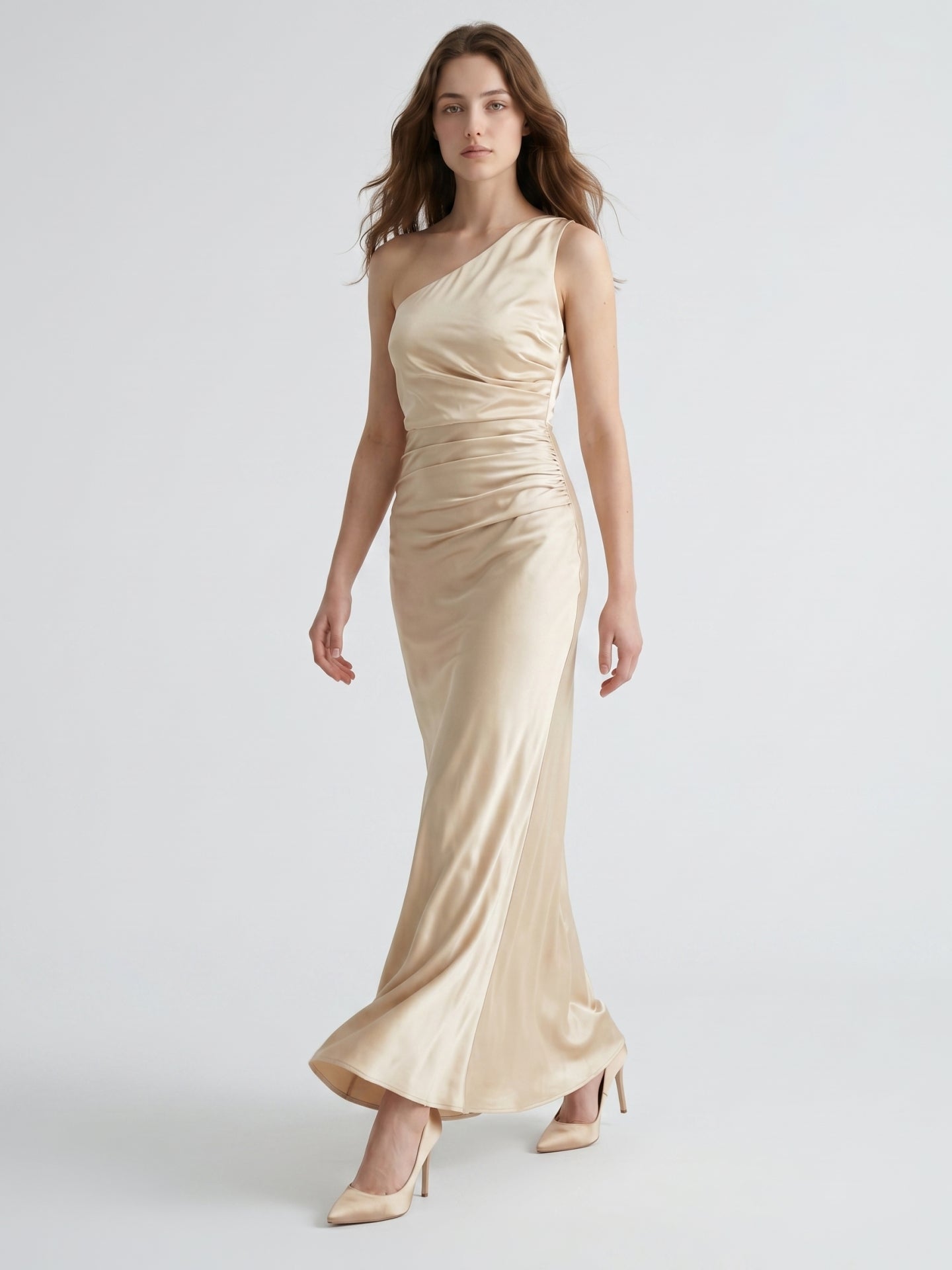 Champagne Satin A-Line One Shoulder Side Zip Ankle-Length Bridesmaid Dress - Curvevia