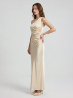 Champagne Satin A-Line One Shoulder Side Zip Ankle-Length Bridesmaid Dress - Curvevia