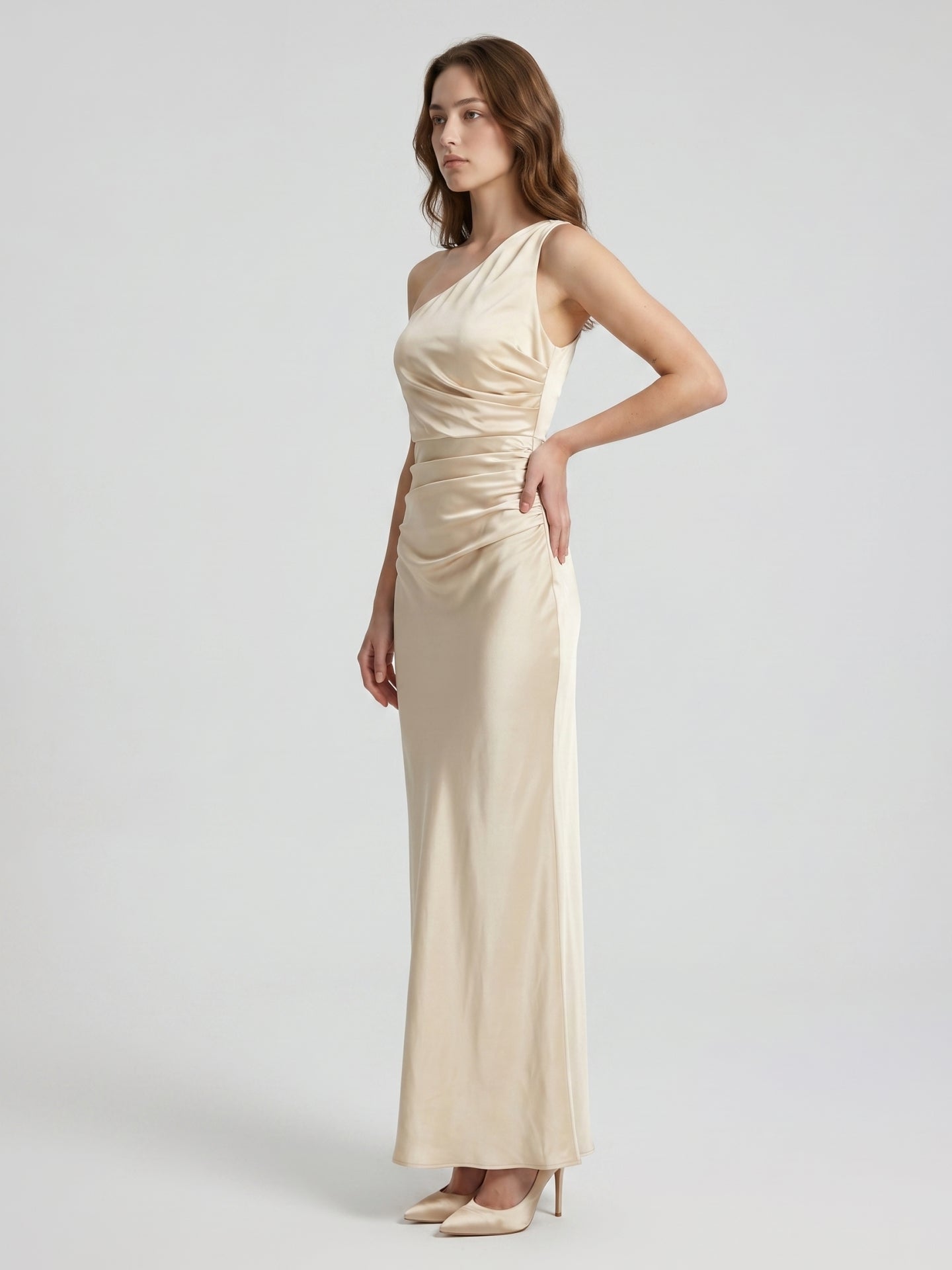 Champagne Satin A-Line One Shoulder Side Zip Ankle-Length Bridesmaid Dress - Curvevia