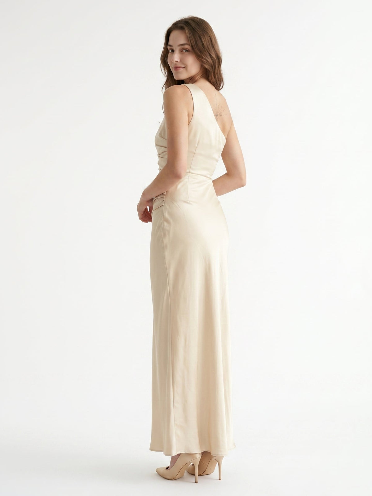 Champagne Satin A-Line One Shoulder Side Zip Ankle-Length Bridesmaid Dress - Curvevia