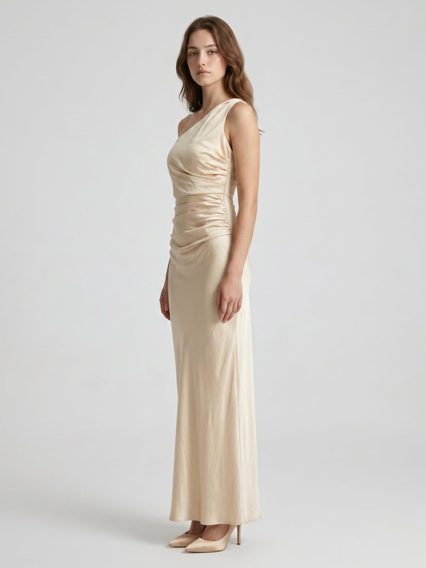 Champagne Satin A-Line One Shoulder Side Zip Ankle-Length Bridesmaid Dress - Curvevia