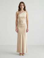 Champagne Satin A-Line One Shoulder Side Zip Ankle-Length Bridesmaid Dress - Curvevia