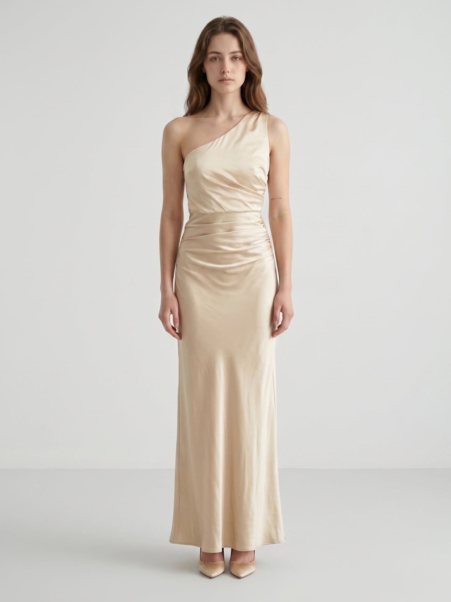 Champagne Satin A-Line One Shoulder Side Zip Ankle-Length Bridesmaid Dress - Curvevia