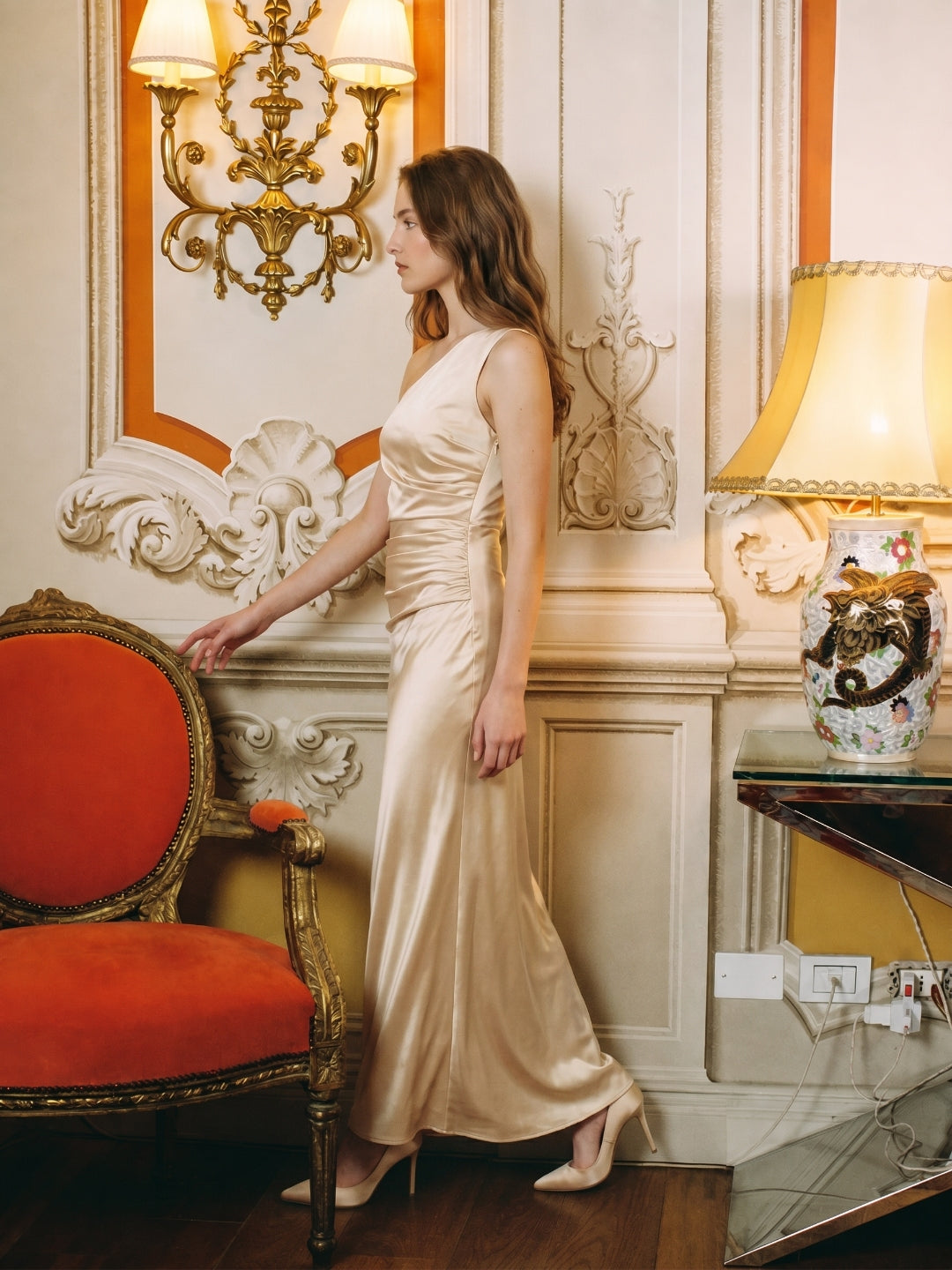 Champagne Satin A-Line One Shoulder Side Zip Ankle-Length Bridesmaid Dress - Curvevia