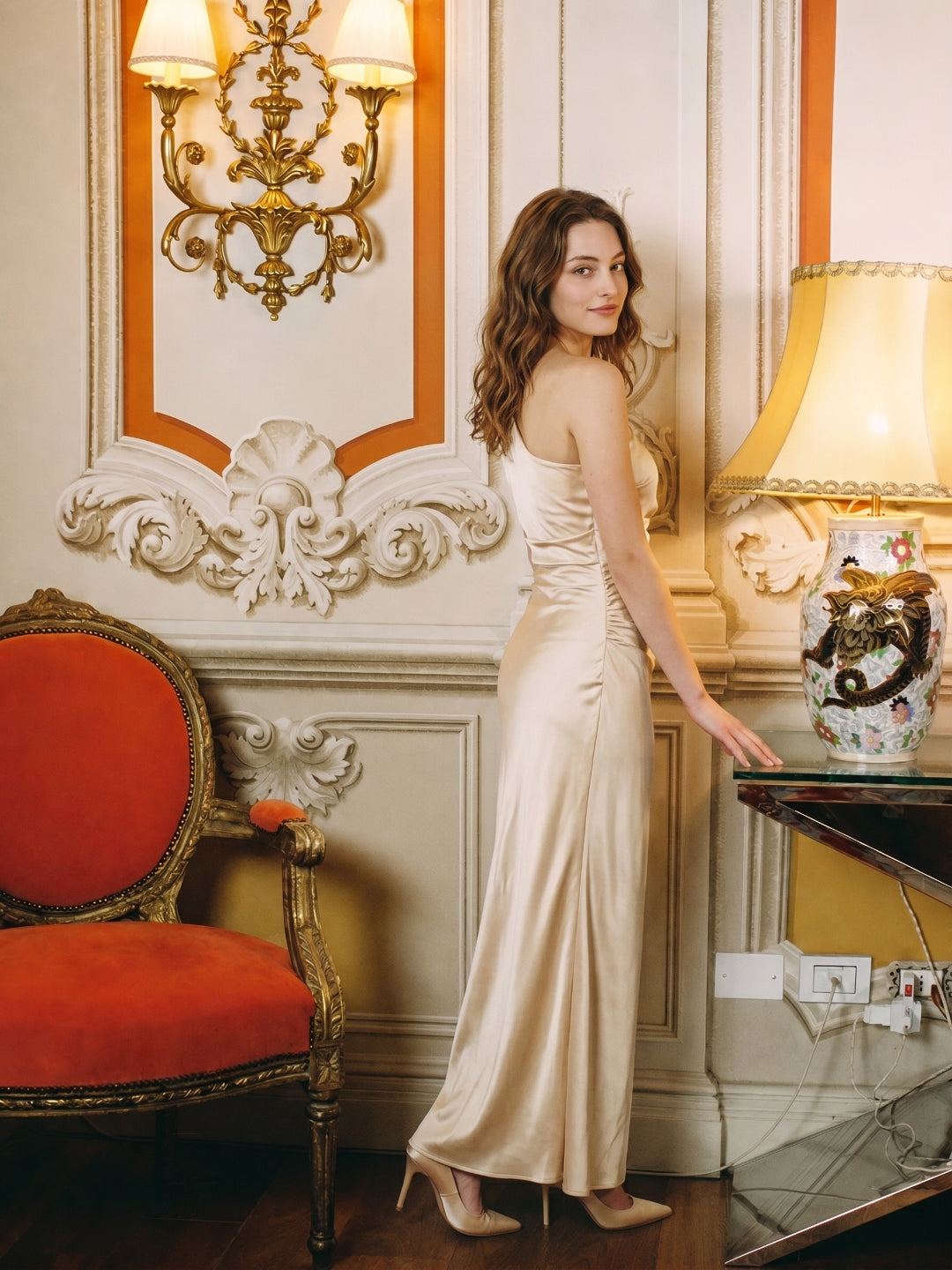 Champagne Satin A-Line One Shoulder Side Zip Ankle-Length Bridesmaid Dress - Curvevia