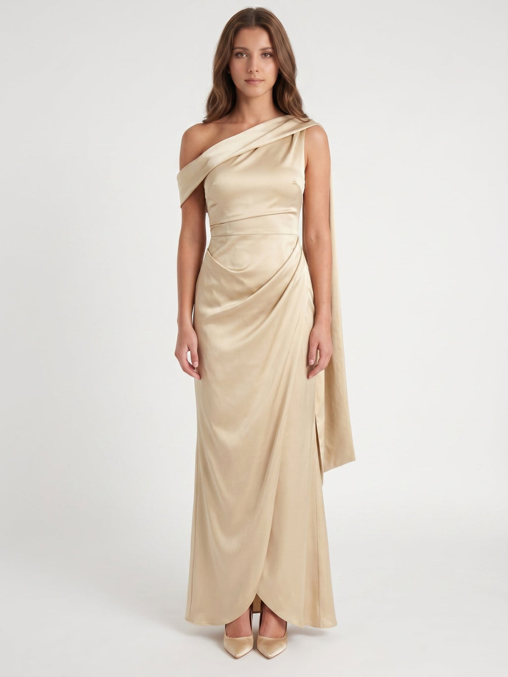 Champagne Satin A-Line One Shoulder Side Zip Floor-Length Bridesmaid Dress - Curvevia