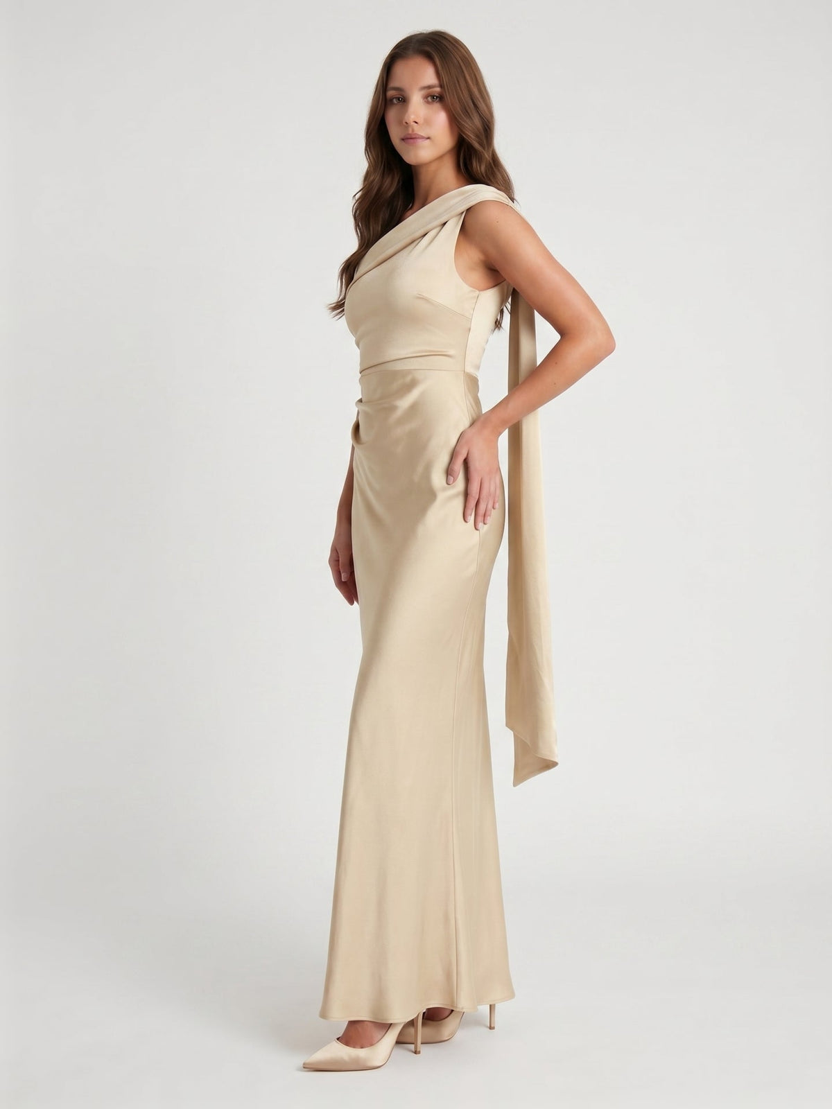 Champagne Satin A-Line One Shoulder Side Zip Floor-Length Bridesmaid Dress - Curvevia