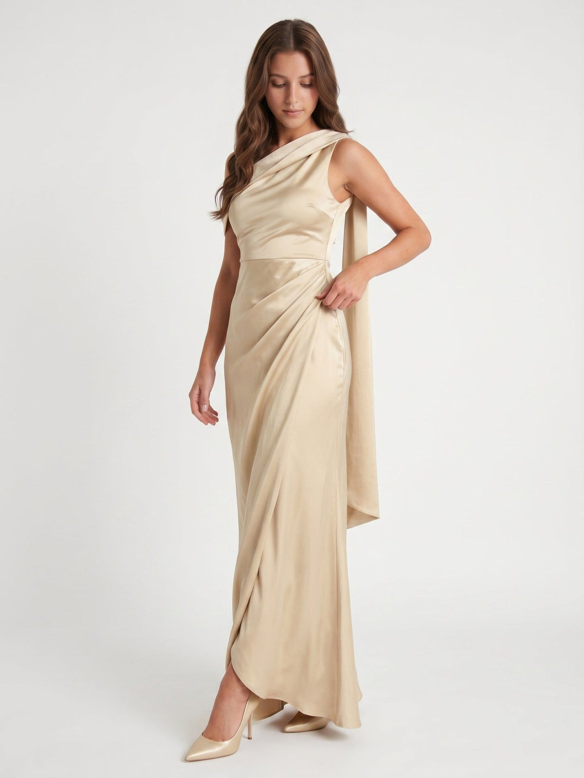 Champagne Satin A-Line One Shoulder Side Zip Floor-Length Bridesmaid Dress - Curvevia