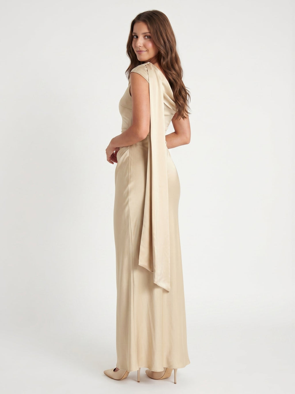 Champagne Satin A-Line One Shoulder Side Zip Floor-Length Bridesmaid Dress - Curvevia