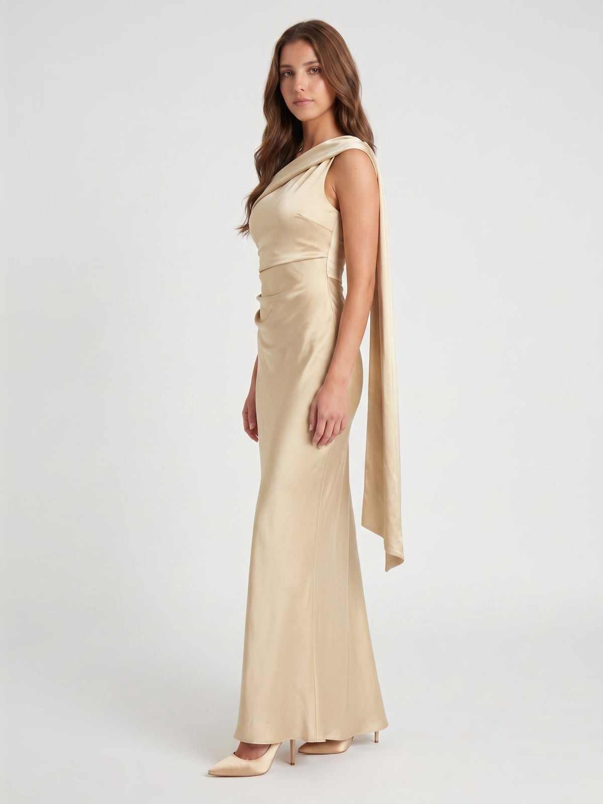 Champagne Satin A-Line One Shoulder Side Zip Floor-Length Bridesmaid Dress - Curvevia