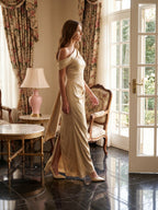 Champagne Satin A-Line One Shoulder Side Zip Floor-Length Bridesmaid Dress - Curvevia