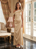Champagne Satin A-Line One Shoulder Side Zip Floor-Length Bridesmaid Dress - Curvevia