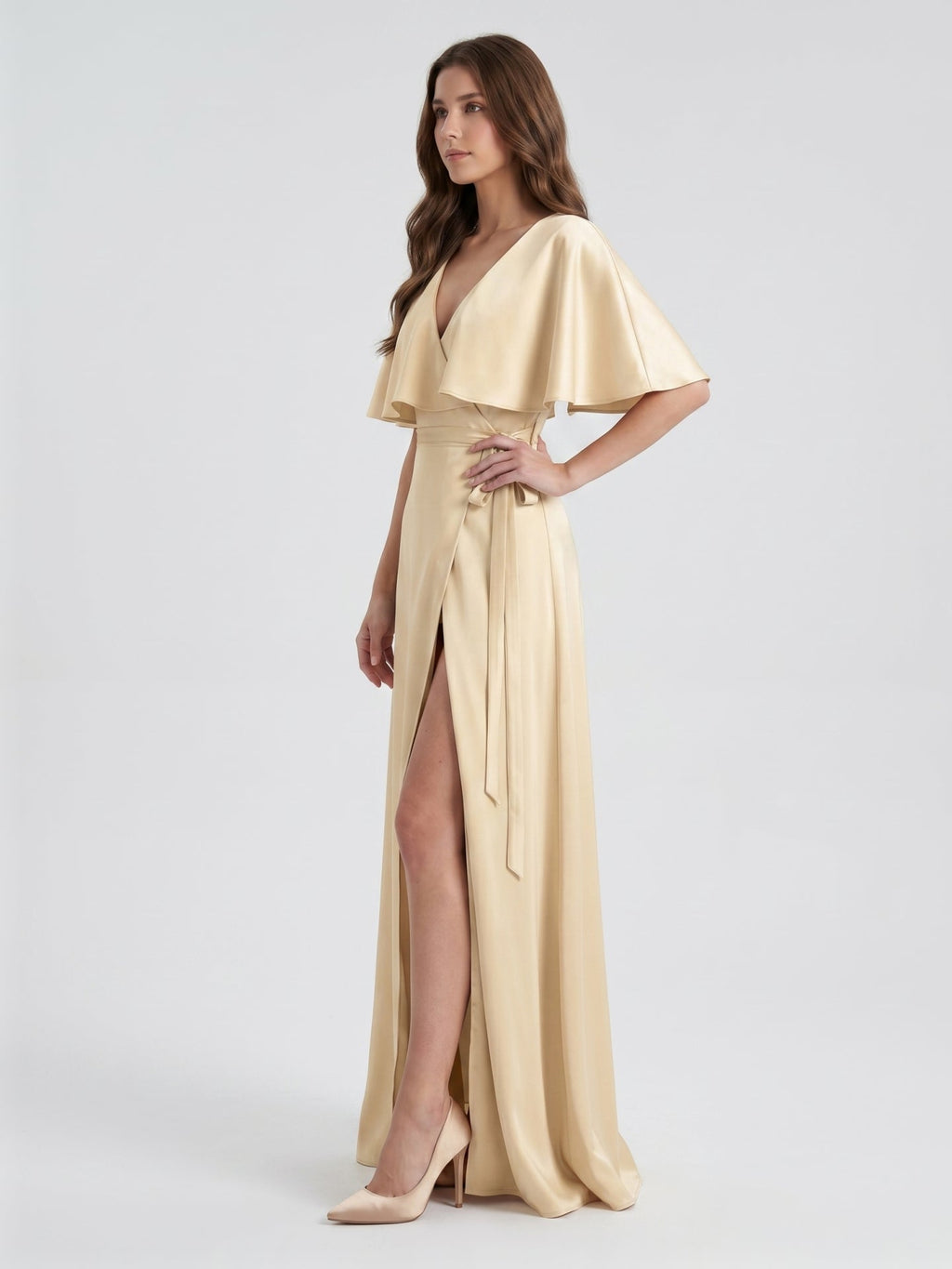 Champagne Satin A-Line V-Neck Back Zip Floor-Length Bridesmaid Dress with Cape - Curvevia