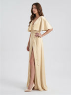 Champagne Satin A-Line V-Neck Back Zip Floor-Length Bridesmaid Dress with Cape - Curvevia