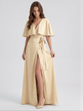 Champagne Satin A-Line V-Neck Back Zip Floor-Length Bridesmaid Dress with Cape - Curvevia
