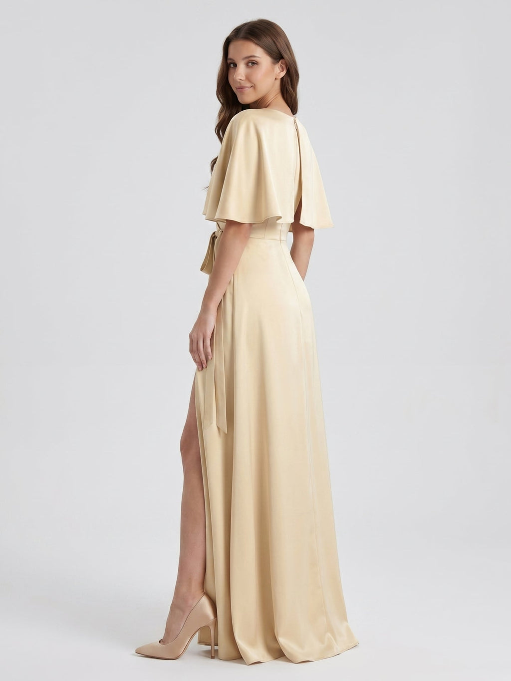 Champagne Satin A-Line V-Neck Back Zip Floor-Length Bridesmaid Dress with Cape - Curvevia