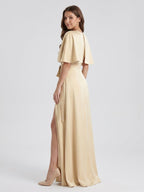 Champagne Satin A-Line V-Neck Back Zip Floor-Length Bridesmaid Dress with Cape - Curvevia