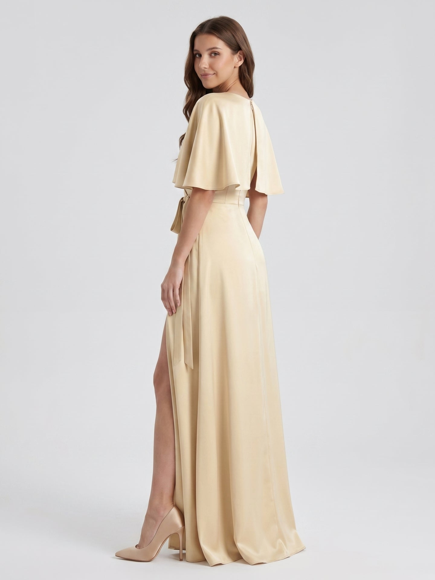 Champagne Satin A-Line V-Neck Back Zip Floor-Length Bridesmaid Dress with Cape - Curvevia