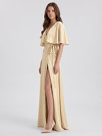Champagne Satin A-Line V-Neck Back Zip Floor-Length Bridesmaid Dress with Cape - Curvevia