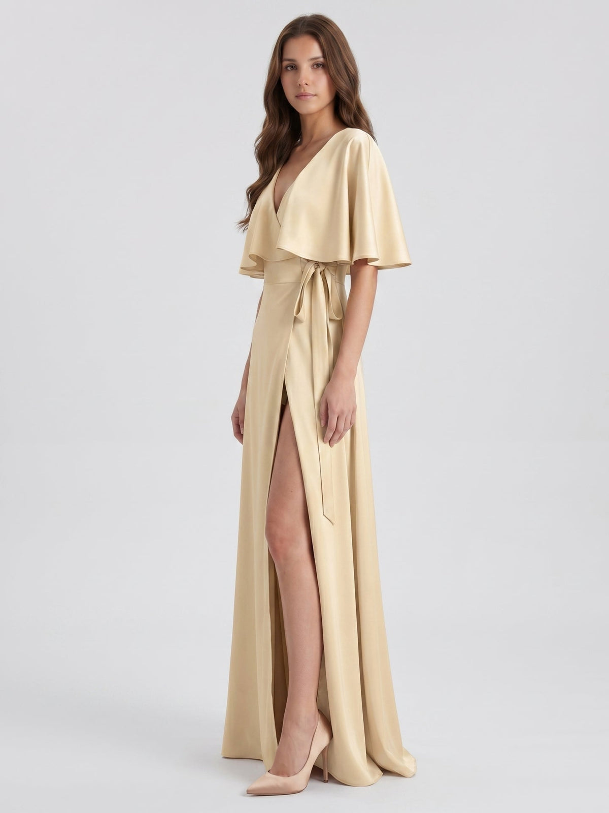 Champagne Satin A-Line V-Neck Back Zip Floor-Length Bridesmaid Dress with Cape - Curvevia