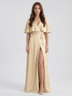 Champagne Satin A-Line V-Neck Back Zip Floor-Length Bridesmaid Dress with Cape - Curvevia