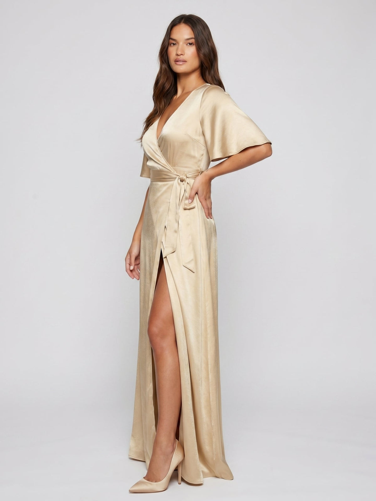 Champagne Satin A-Line V-Neck Lace-up Floor-Length Bridesmaid Dress - Curvevia