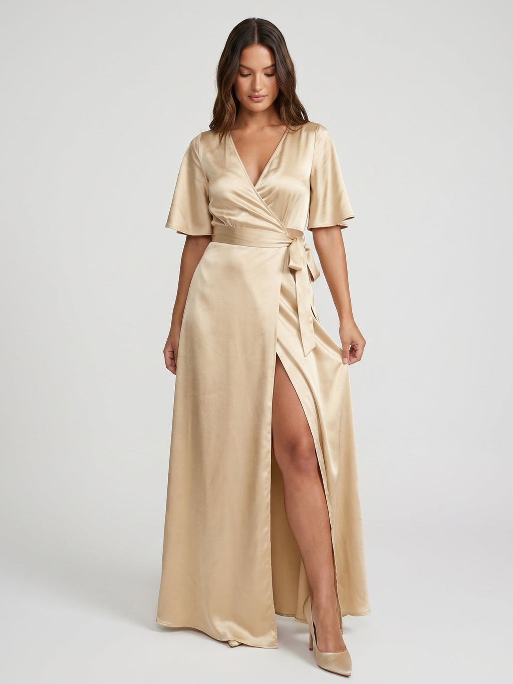 Champagne Satin A-Line V-Neck Lace-up Floor-Length Bridesmaid Dress - Curvevia