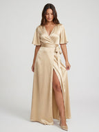 Champagne Satin A-Line V-Neck Lace-up Floor-Length Bridesmaid Dress - Curvevia