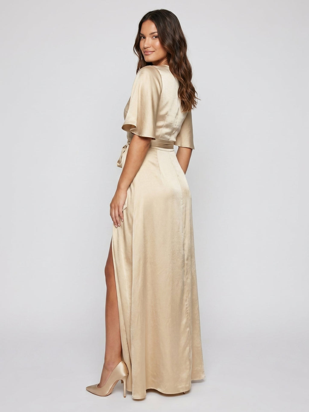 Champagne Satin A-Line V-Neck Lace-up Floor-Length Bridesmaid Dress - Curvevia