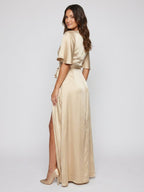 Champagne Satin A-Line V-Neck Lace-up Floor-Length Bridesmaid Dress - Curvevia