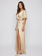 Champagne Satin A-Line V-Neck Lace-up Floor-Length Bridesmaid Dress - Curvevia