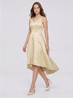 Champagne Satin A-Line V-Neck V-Back Asymmetrical Bridesmaid Dress - Curvevia