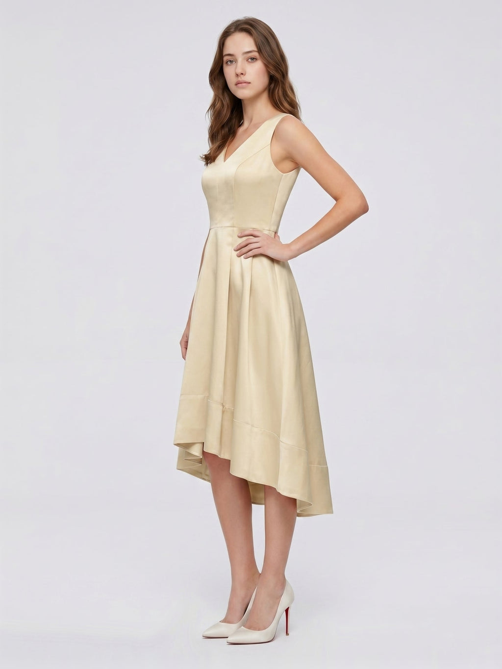 Champagne Satin A-Line V-Neck V-Back Asymmetrical Bridesmaid Dress - Curvevia