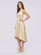 Champagne Satin A-Line V-Neck V-Back Asymmetrical Bridesmaid Dress - Curvevia
