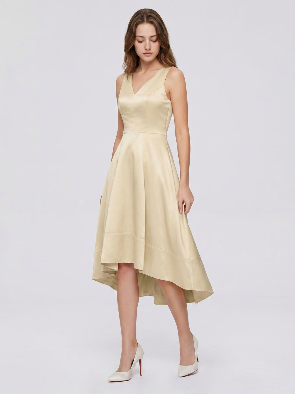 Champagne Satin A-Line V-Neck V-Back Asymmetrical Bridesmaid Dress - Curvevia