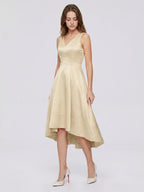 Champagne Satin A-Line V-Neck V-Back Asymmetrical Bridesmaid Dress - Curvevia