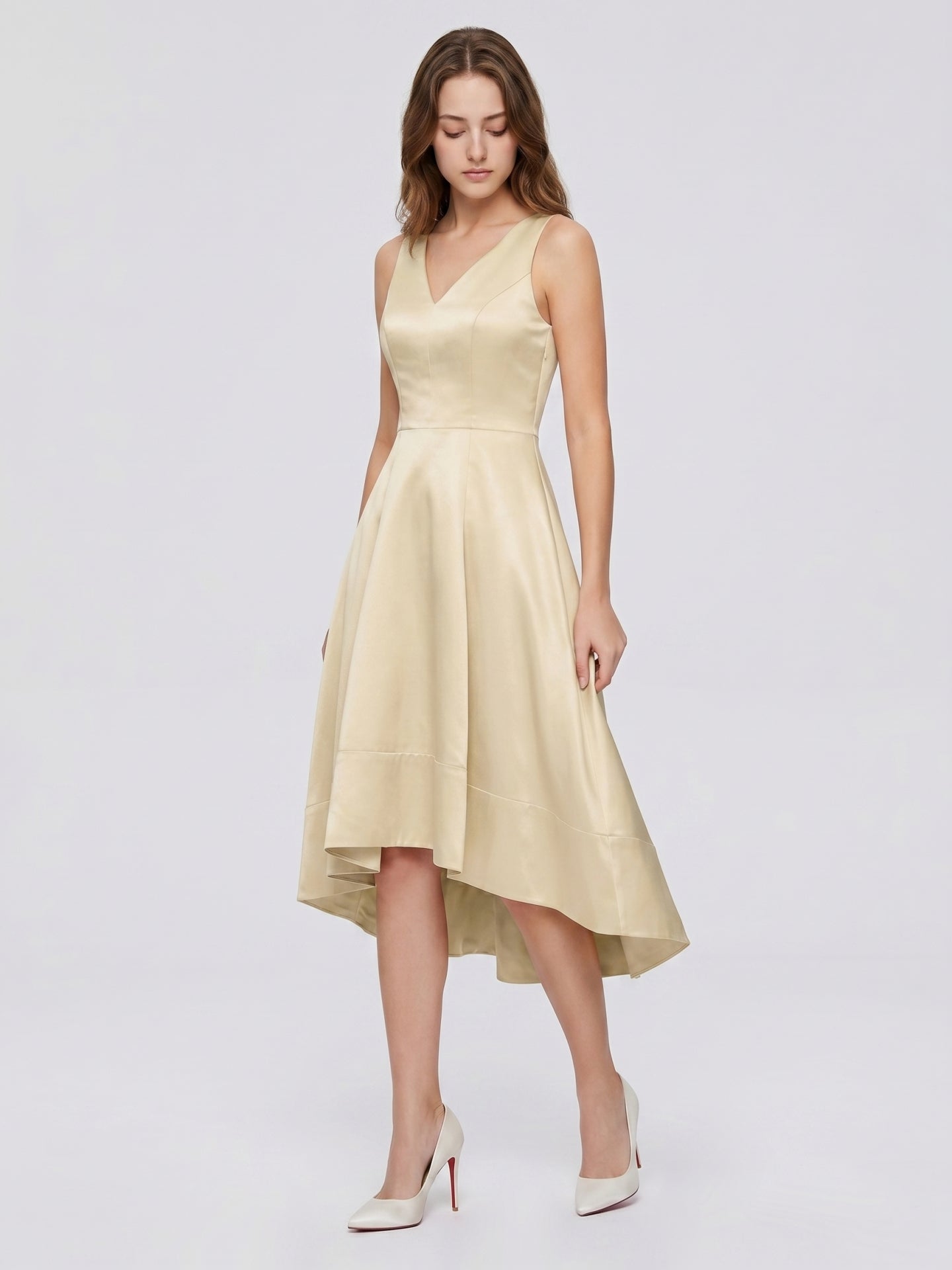Champagne Satin A-Line V-Neck V-Back Asymmetrical Bridesmaid Dress - Curvevia