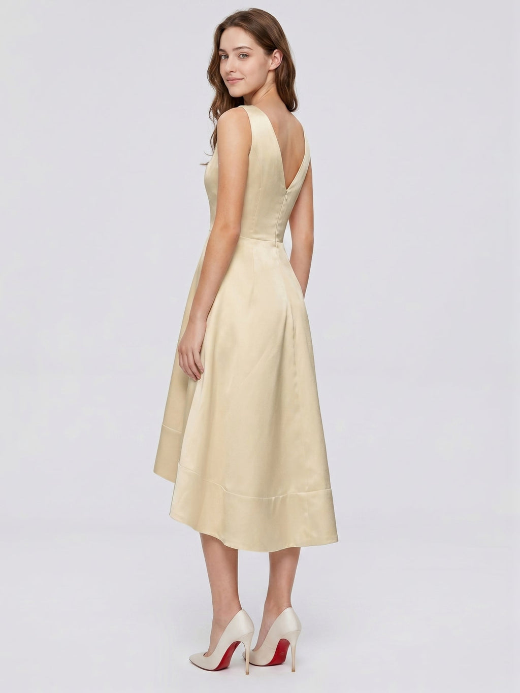 Champagne Satin A-Line V-Neck V-Back Asymmetrical Bridesmaid Dress - Curvevia