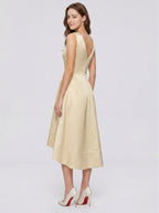 Champagne Satin A-Line V-Neck V-Back Asymmetrical Bridesmaid Dress - Curvevia
