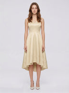 Champagne Satin A-Line V-Neck V-Back Asymmetrical Bridesmaid Dress - Curvevia
