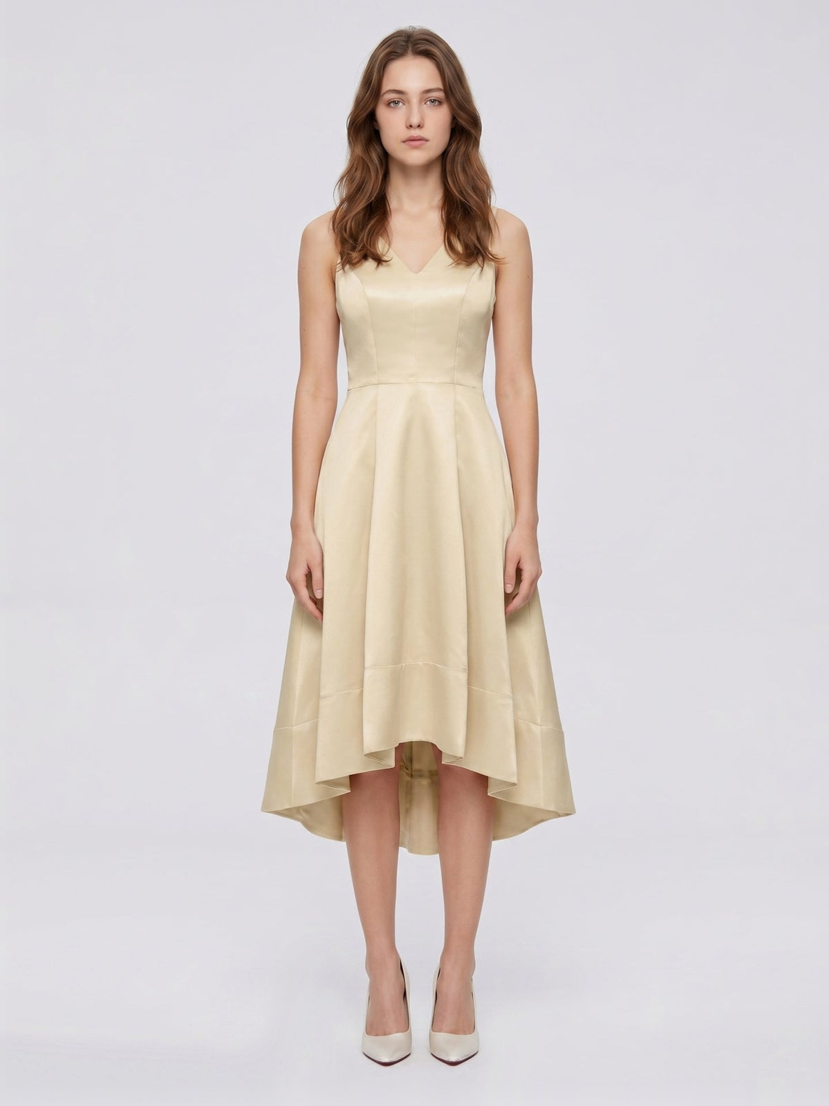 Champagne Satin A-Line V-Neck V-Back Asymmetrical Bridesmaid Dress - Curvevia