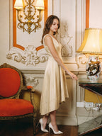 Champagne Satin A-Line V-Neck V-Back Asymmetrical Bridesmaid Dress - Curvevia