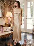 Champagne Satin Column Scoop Neck Backless Floor-Length Bridesmaid Dress with Pleats - Curvevia
