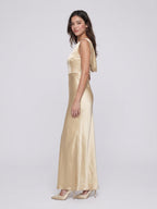 Champagne Satin Column Scoop Neck Backless Floor-Length Bridesmaid Dress with Pleats - Curvevia