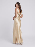 Champagne Satin Column Scoop Neck Backless Floor-Length Bridesmaid Dress with Pleats - Curvevia