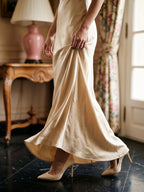 Champagne Satin Column Scoop Neck Backless Floor-Length Bridesmaid Dress with Pleats - Curvevia