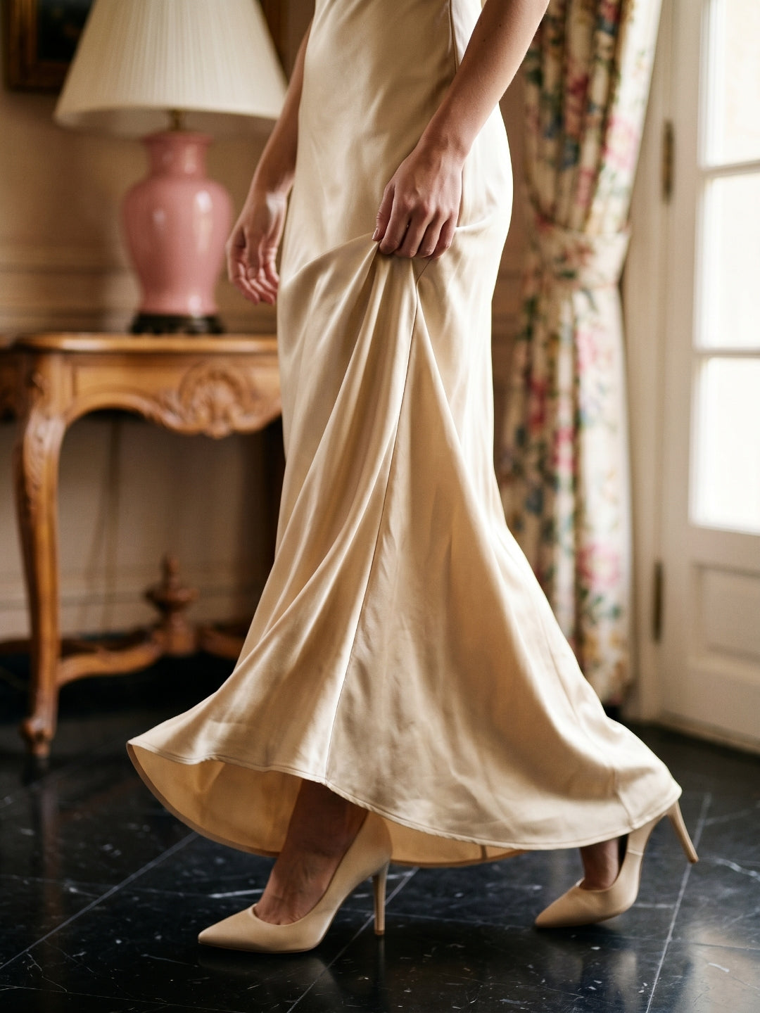 Champagne Satin Column Scoop Neck Backless Floor-Length Bridesmaid Dress with Pleats - Curvevia