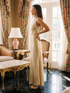 Champagne Satin Column Scoop Neck Backless Floor-Length Bridesmaid Dress with Pleats - Curvevia